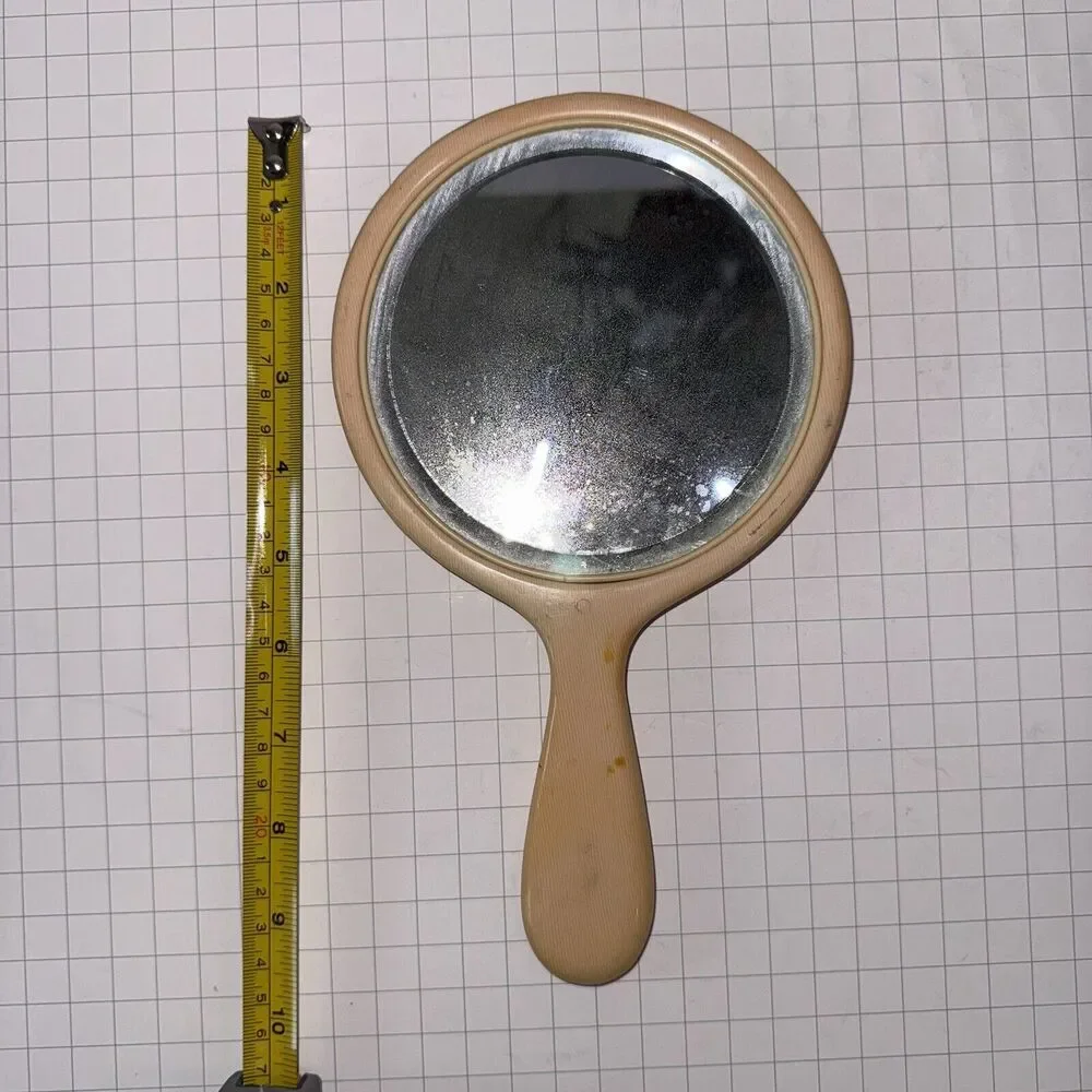 Vintage Art Deco Beveled Oval Celluloid Hand Mirror 9.5” approx Ivory Yellow